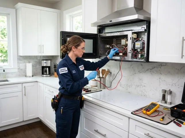 Appliance Repair Hero technician testing an over-the-range microwave in a Addison, IL kitchen